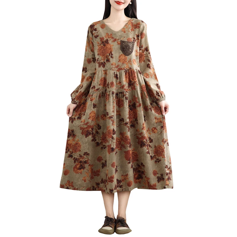 Cintura alta V-Ne Lanterna Sve Dr com Lace kets Algodão Linho Estampado A-Line Long Dr Efeito de Emagrecimento para plus size W...