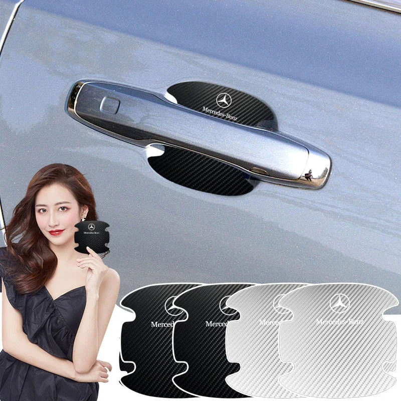 4pcs Car Door Handle Carbon Fiber Decorative Protective Sticker For Mercedes Benz AMG A B C E G R S CES CLA CLG CLK CLS Class