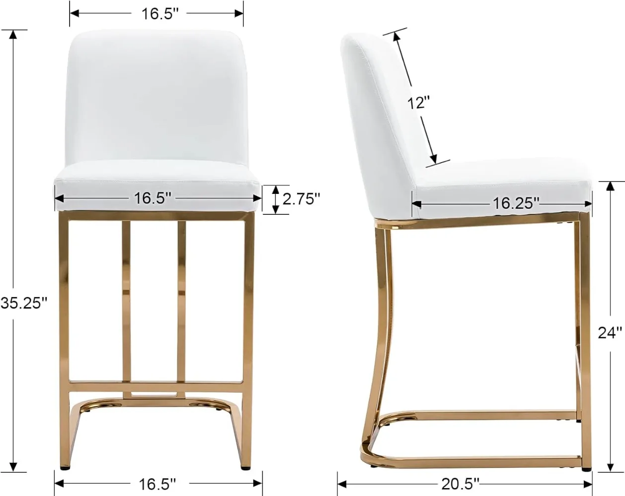 Bar Stools Set of 2 Leather Counter Stools with Gold Legs, 24"  White Island Chairs Upholstered Kitchen Bar Chairs with Back for