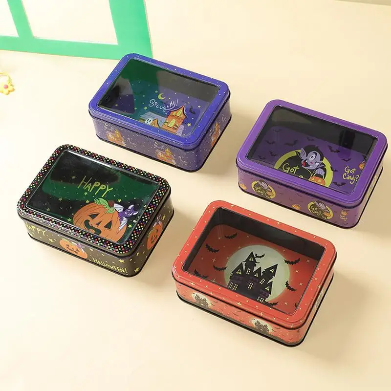 Halloween Metal Rectangular Tin Box Tea Coffee Organizer Case Cookie Gift Box Candy Box Tinplate Push Candy Pill Cases Bins Jar