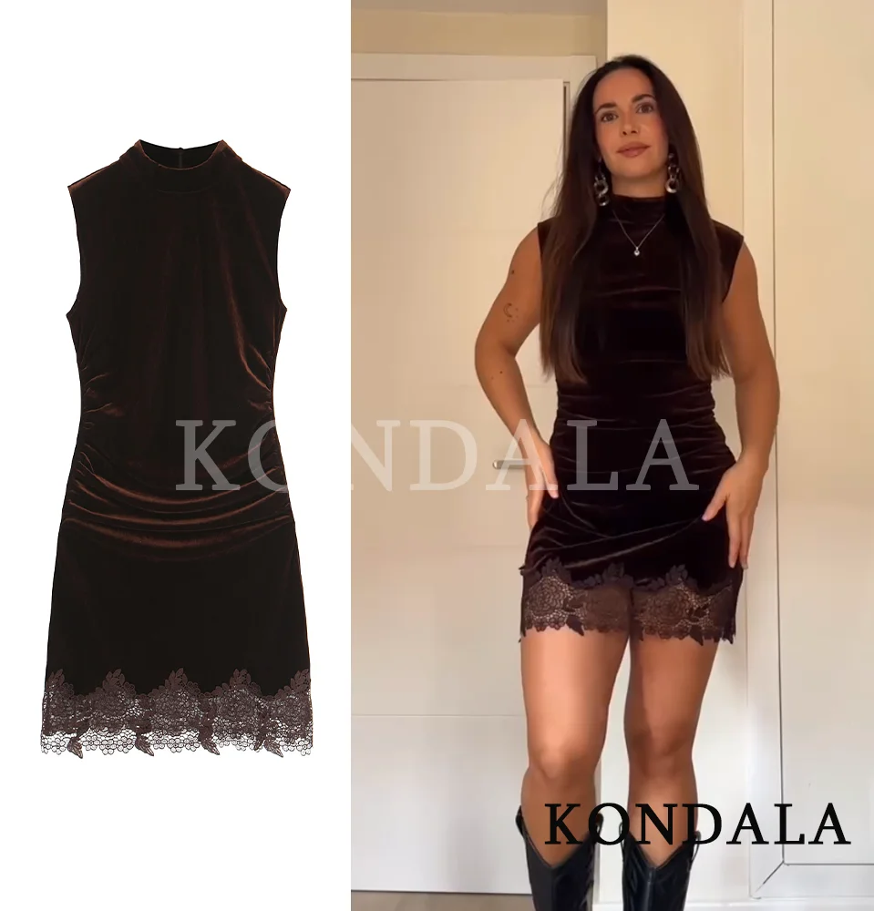KONDALA Tank-Kleid aus Samt mit Spitzenbesatz für Damen, Silvesterparty, kurzes Kleid, 2025, Herbst-Winter-Mode, romantisches Damenkleid