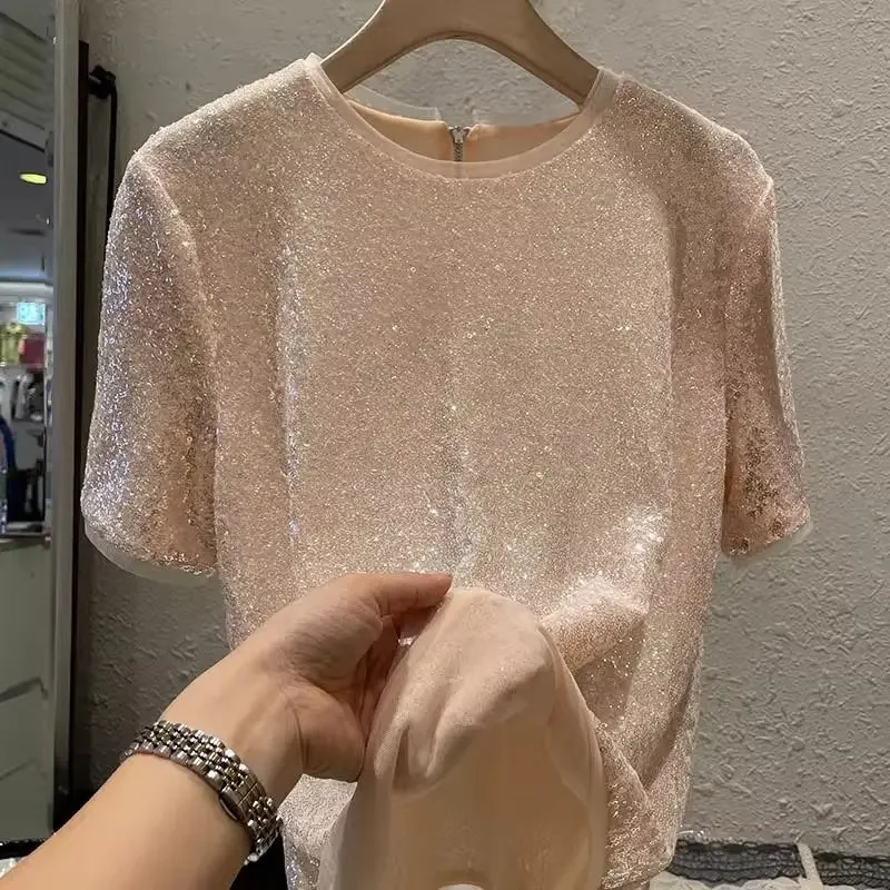 Summer Round Neck Fashion Short Sleeve T-shirt Women High Street Casual Loose Sequined Pullovers Zipper Patchwork Chic Tops E615