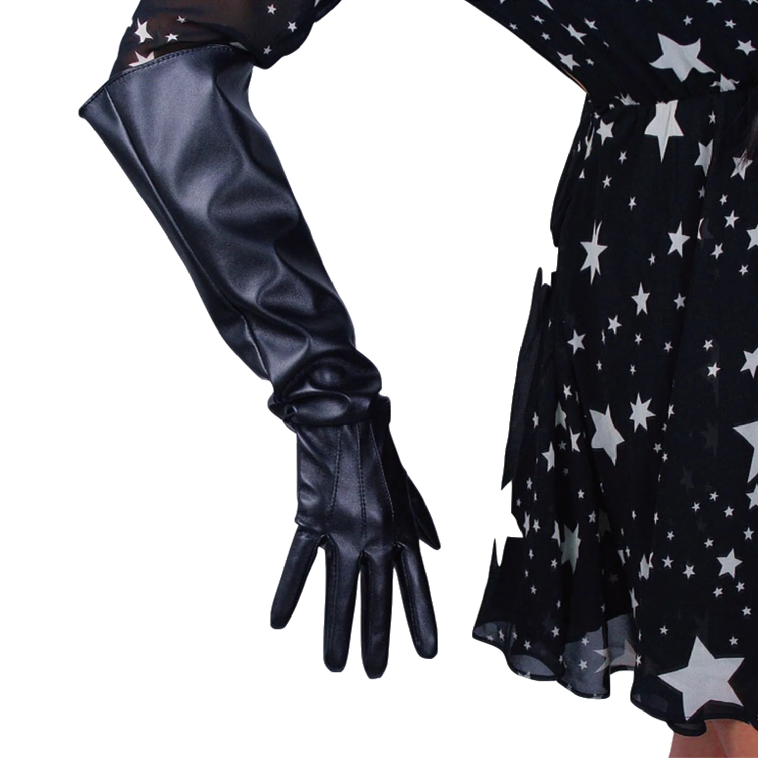 DooWay Unisex Black Winter Gloves with Puff Wide Sleeves Elbow Long Loose Faux Leather Fashion Evening Cosplay Oversize Glove