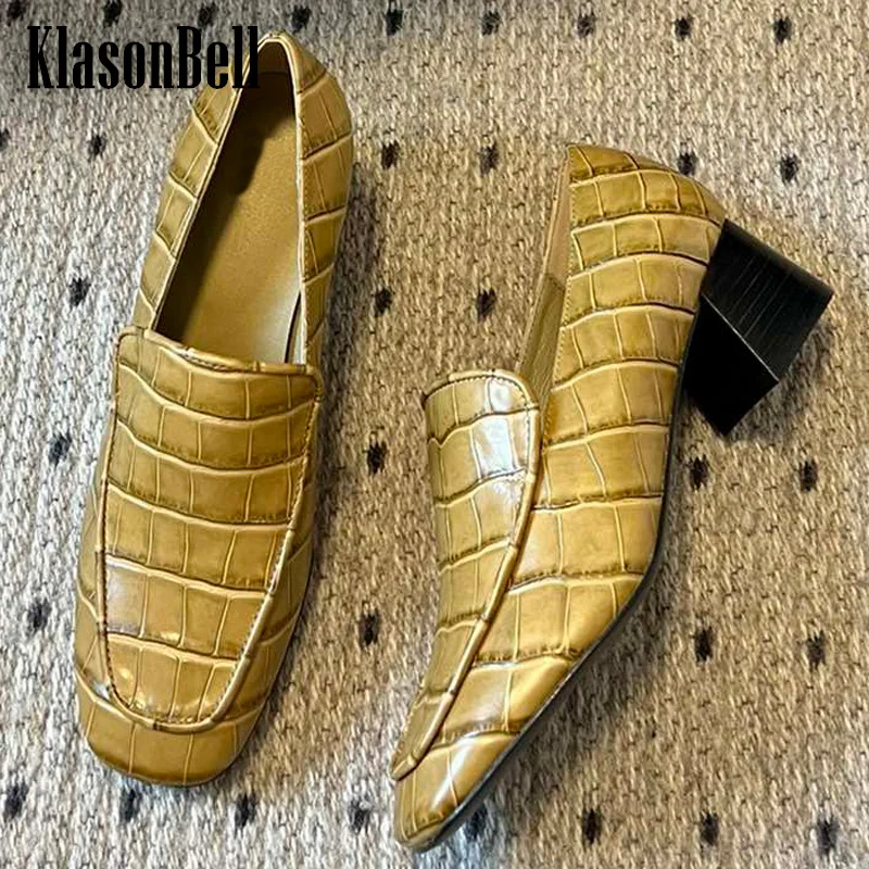 

3.28 KlasonBell Fashion Crocodile Pattern Cowhide Square Toe Loafers Pumps Women Classic Shallow Thick High Heels Shoes