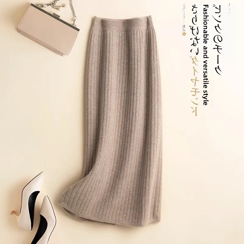 

Woolen Camere Knitted Skirt Women's Base Layer Bodycon Split mid Waist A-Line Midi Skirt Korean Sle Commute