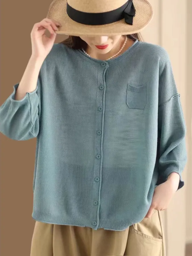 

Retro Linen Knitted Open Cardigan Women's Casual Loose Slimming Outerwear Top Spring 2025 New Sle Comfortable Cotton Sweater