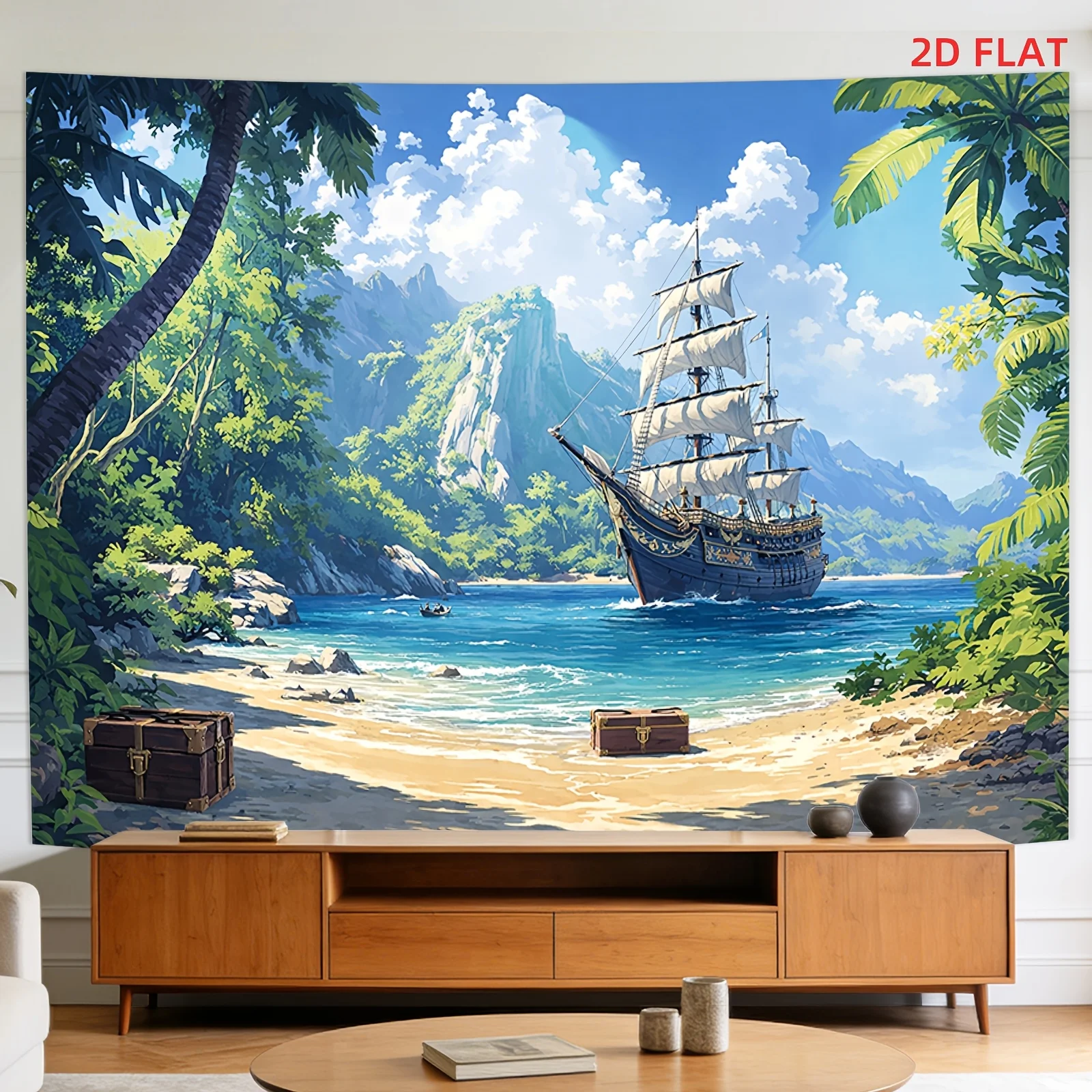 Pirate Ship Tapestry Polyester Wall Hanging Tropical Beach Treasure Chest Palm Trees Living Room 180x280cm