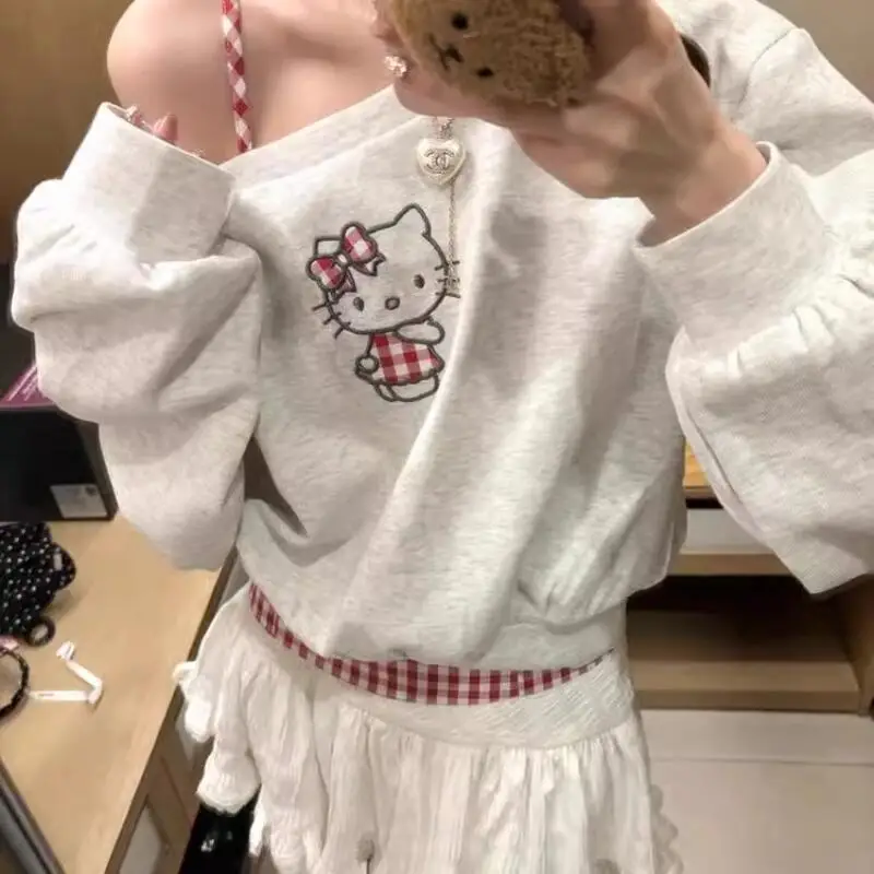 2025年春・秋新作 可愛い斜め肩パーカー ハローキティ レディース シンプル オフショルダー ファッション ショート丈トップス