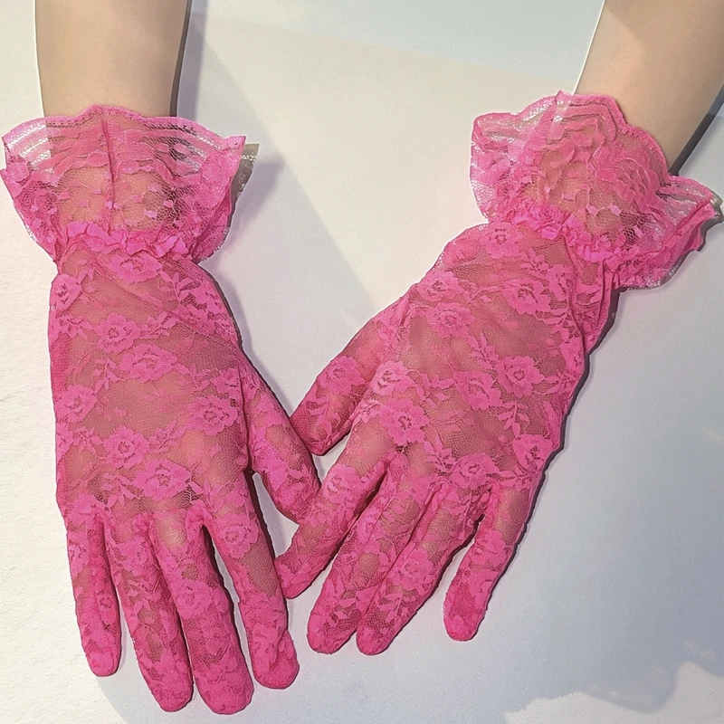 Women Short Flower Hollow-Out Lace Gloves Ruffle Wrist Cuffs Sun Protection Mesh Thin Cycling Sexy Mittens