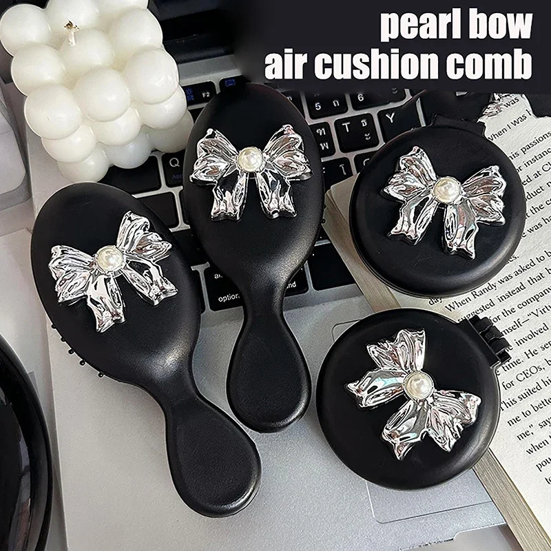 

1pcs Cute Folding Massage Comb Makeup Mirror Travel Portable Plastic Airbag Hair Brush Bow Tie Air Cushion With Diamonds