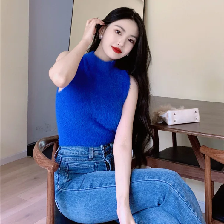 

6885 Fragrat Style Pure Desire Sexy Sweet Spicy Half Neck Mik Fur Off-Shoulder Sleeveless High Waist Short Ier Vest For