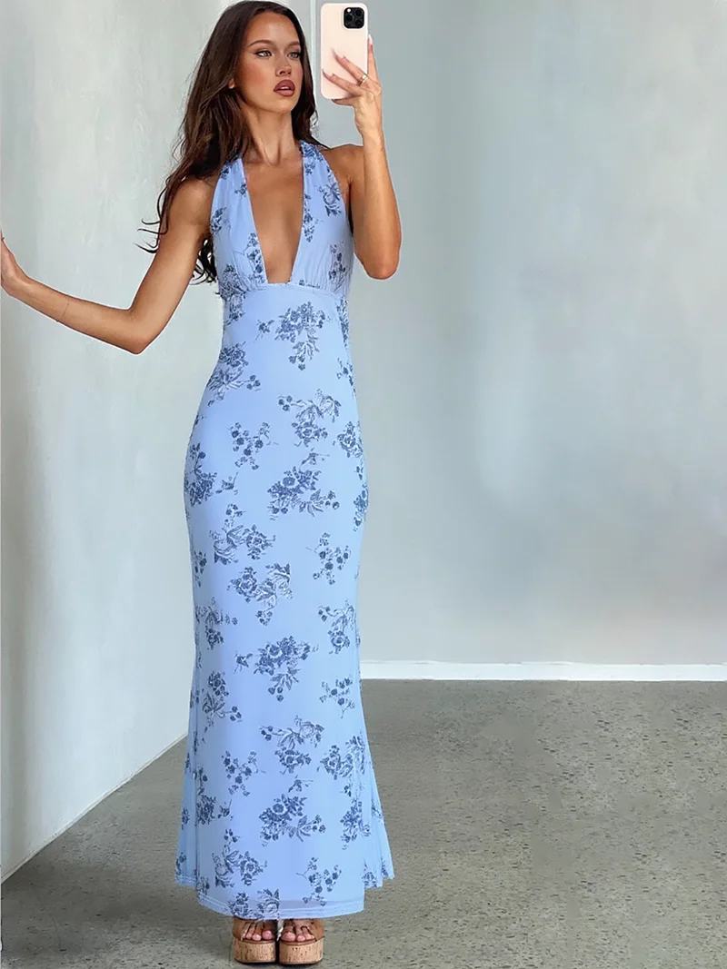 DGLUKE 花柄メッシュロングドレス女性ディープ V ネックボディコンドレス夏大きく開いたバックレスマキシビーチドレス