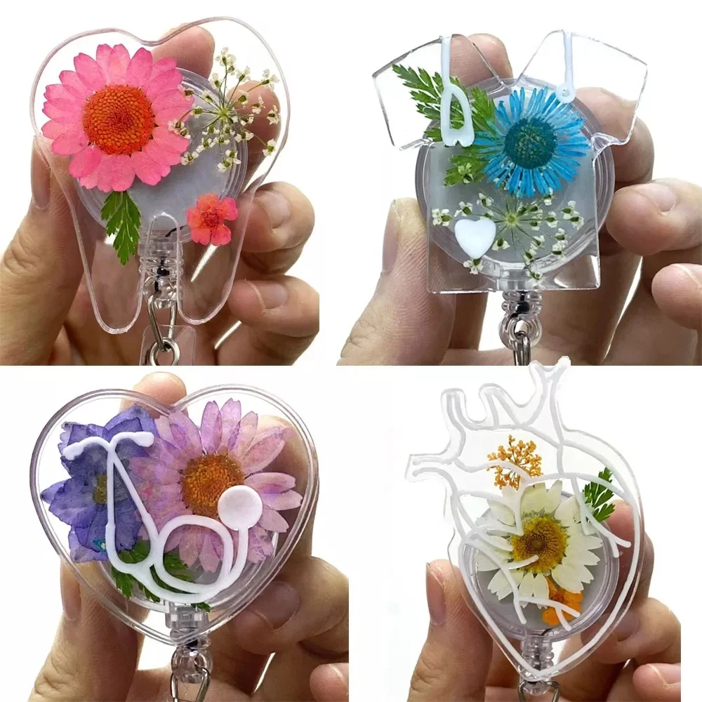 

10 Pcs/Lot Medical Design Dried Leaf Flower Plastic ID Badge Reel Pressed Floral Resin Badge Holder Work Badge Gift For Nurse