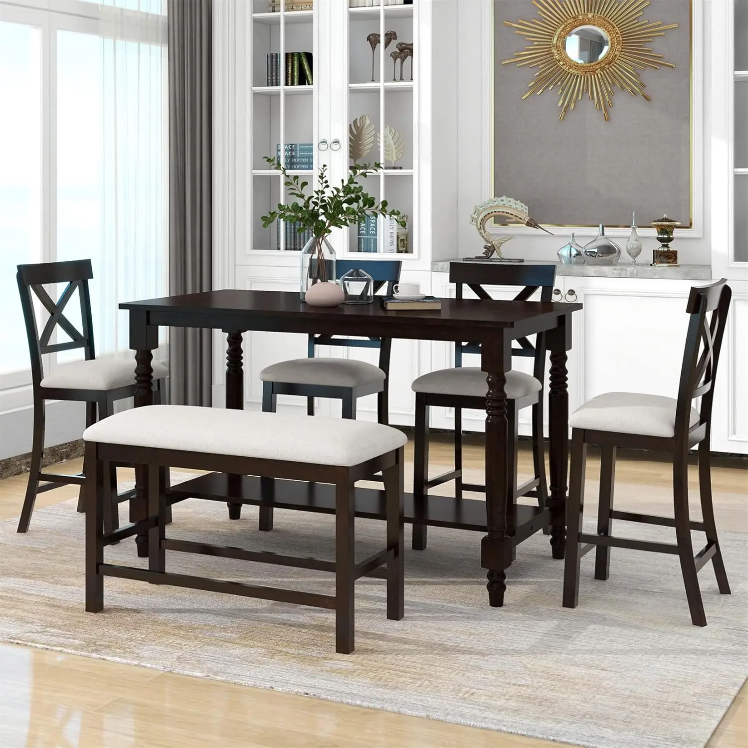 

6-Piece Dining Table Set Wood Rectangular Couter Height Dining Table With 4 Chairs And A Bench Modern Dining Set For 6 People