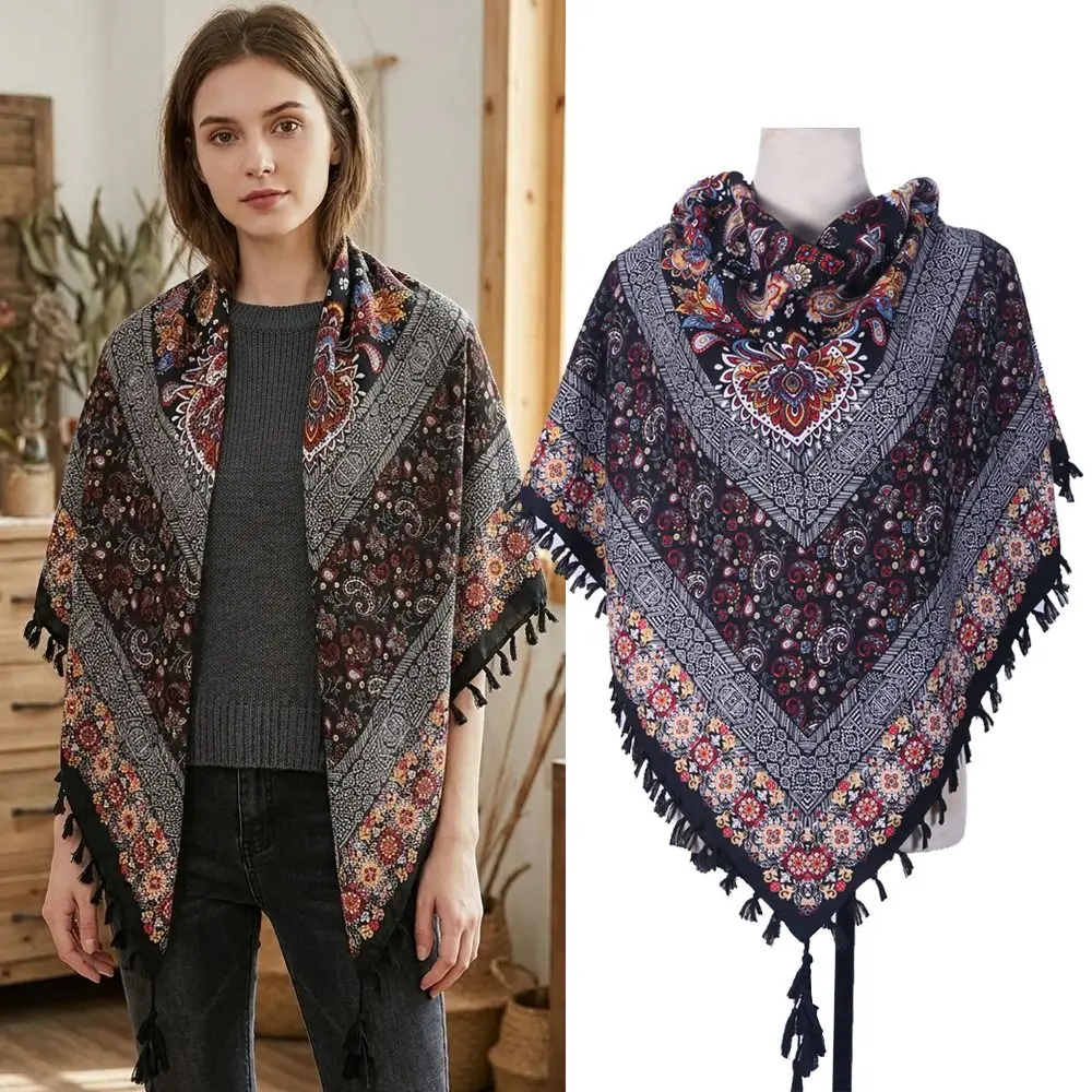 115*115cm Ethnic Style Shawl Floral Print Knotted Weave Russian Square Scarf Tassel Trim Geometric Pattern Tassel Shawls