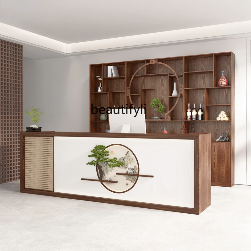 New Chinese style hotel checkout page wine cabinet hot pot restaurant homestay teahouse retro front desk