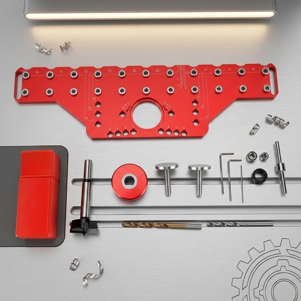 2-in-1 Drill Guide For 35mm Concealed Hinge And Shelf Pin With Adjustable Offset And 11 Hole Pattern For Carpentry
