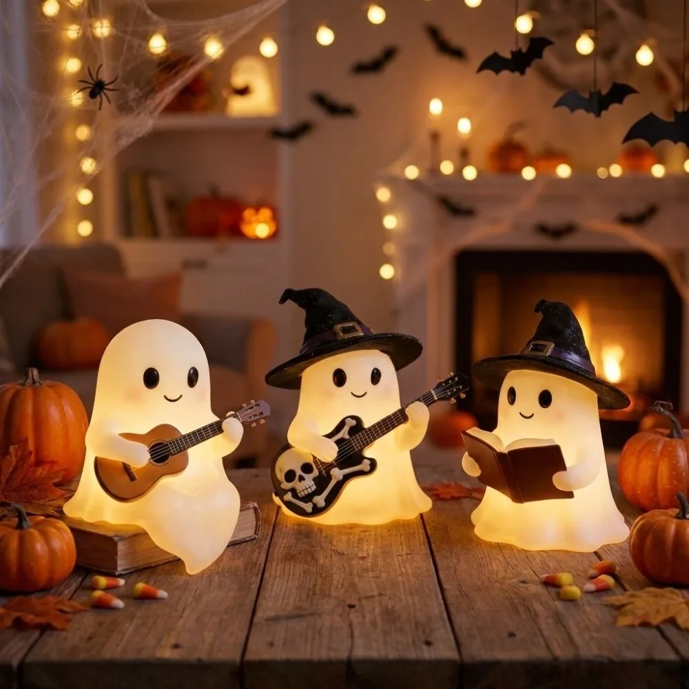 USB Powered Ghost Night Light Resin Funny Halloween Reading Lamp Decorative Guitar-playing Pose Halloween Ambient Light