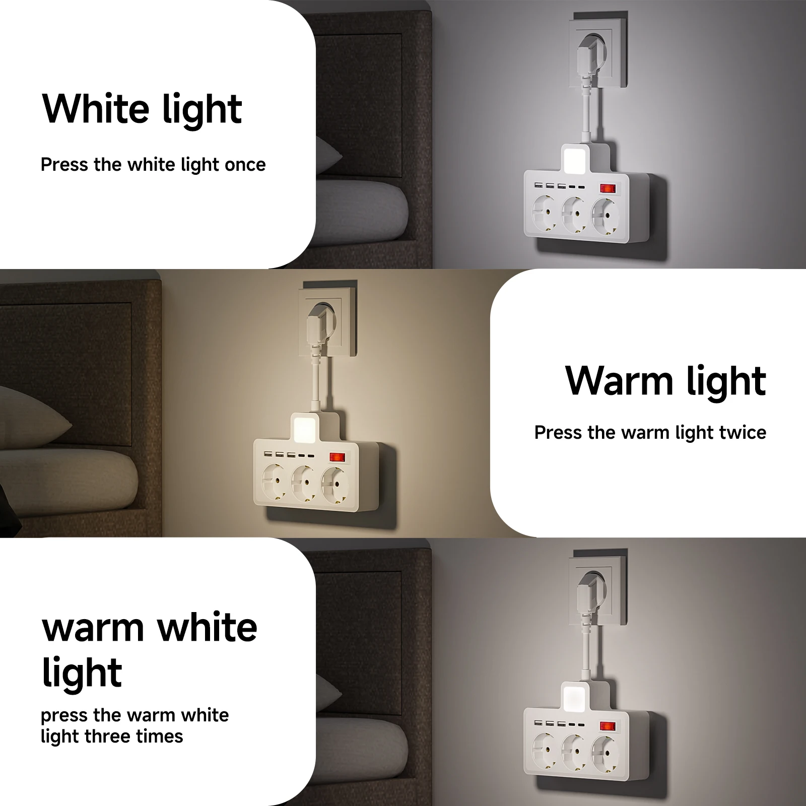 1 8-in-1 EU power supply board with 3-color night light, 3 night light colors can be adjusted, adjust the night light degree, 3