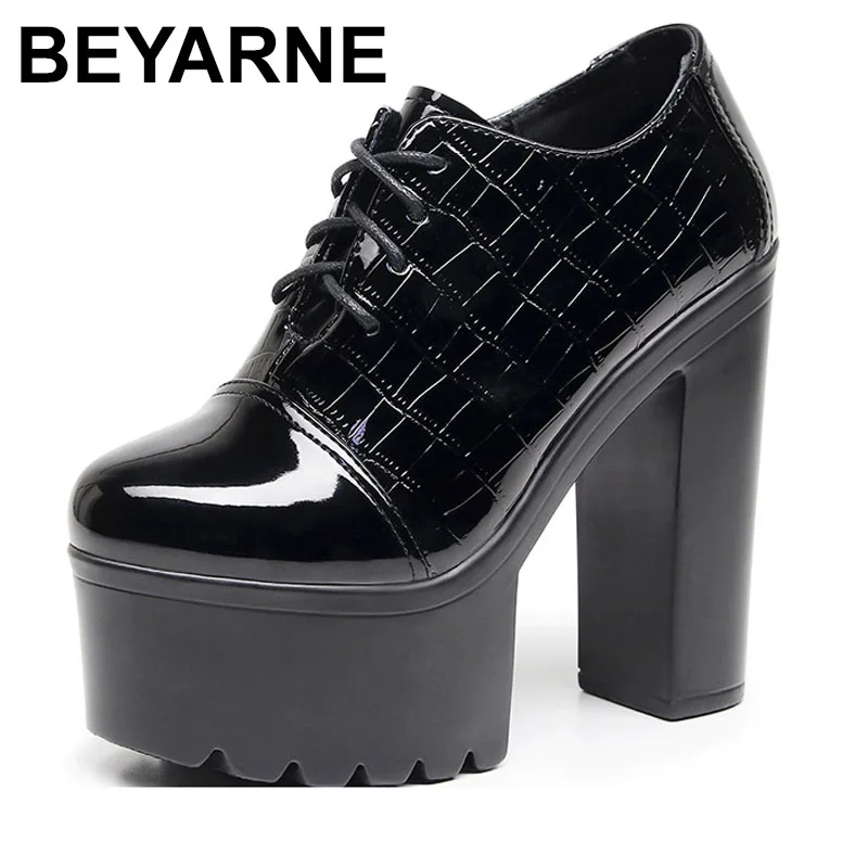 

High quality leather shoe for women 14cm high heel platform round toe elegant and fashion autumn winter shoe black red