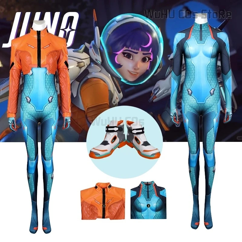 Overwatch2 Cosplay Juno Cosplay Costume Leather Coat Jumpsuit Outfit Elastic Bodysuit Full Set Shoes Women Halloween Roleplay