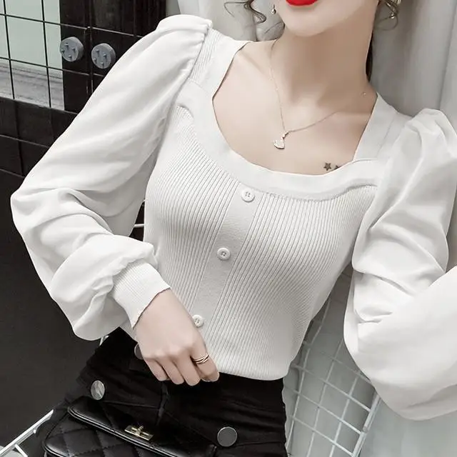 Slightly Chubby MM Plus Size Western-style Square Neck Long Sleeved Top for Women's Fashion Temperament Slim Fit and Slimming