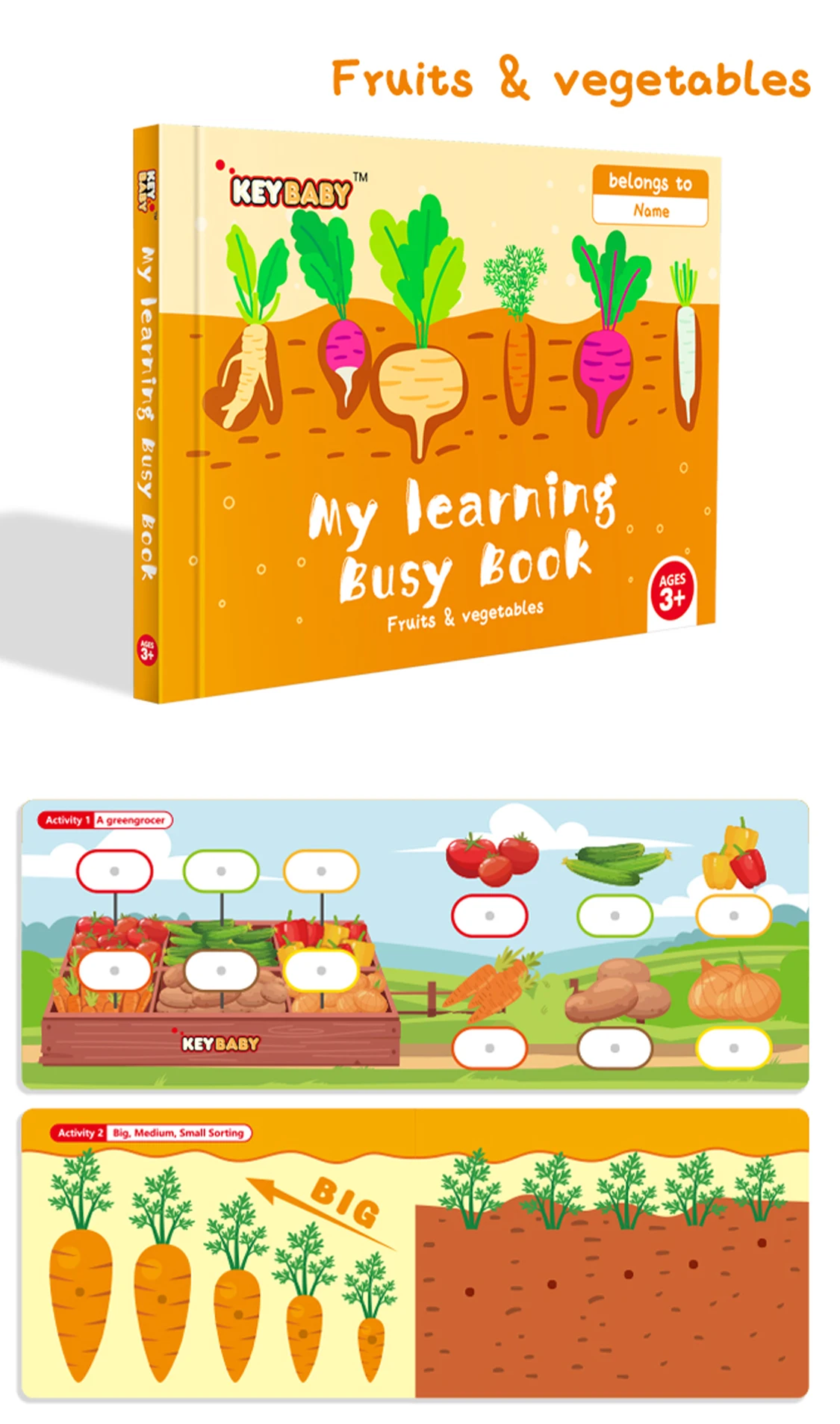KEYBABY Busy Book for Toddlers My Learning Quiet Book Velcro Reusable Sticker Book Kids Early Educational Activity Book Age 3+
