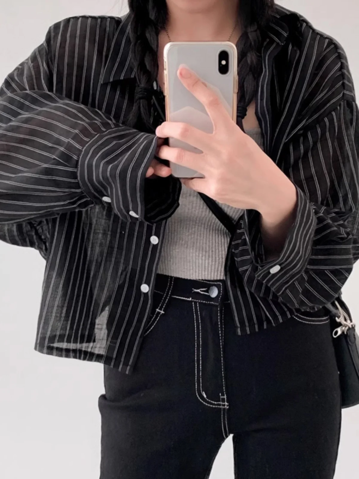 Chic Summer Thin Long Sve Striped irt Bottone singolo Allentato ort Sle Top Versione coreana Colletto Camicetta di protezione solare