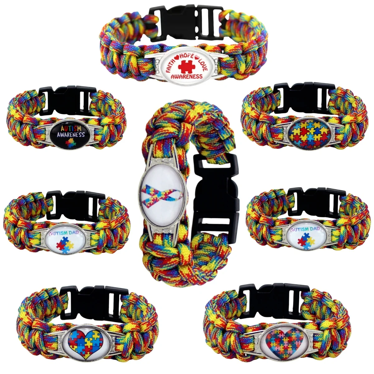 Care for Autism Awareness Hope Charm Puzzle Piece Bracelets Colorful Glass Cabochon Outdoor Survival Paracord Men Women Jewelry