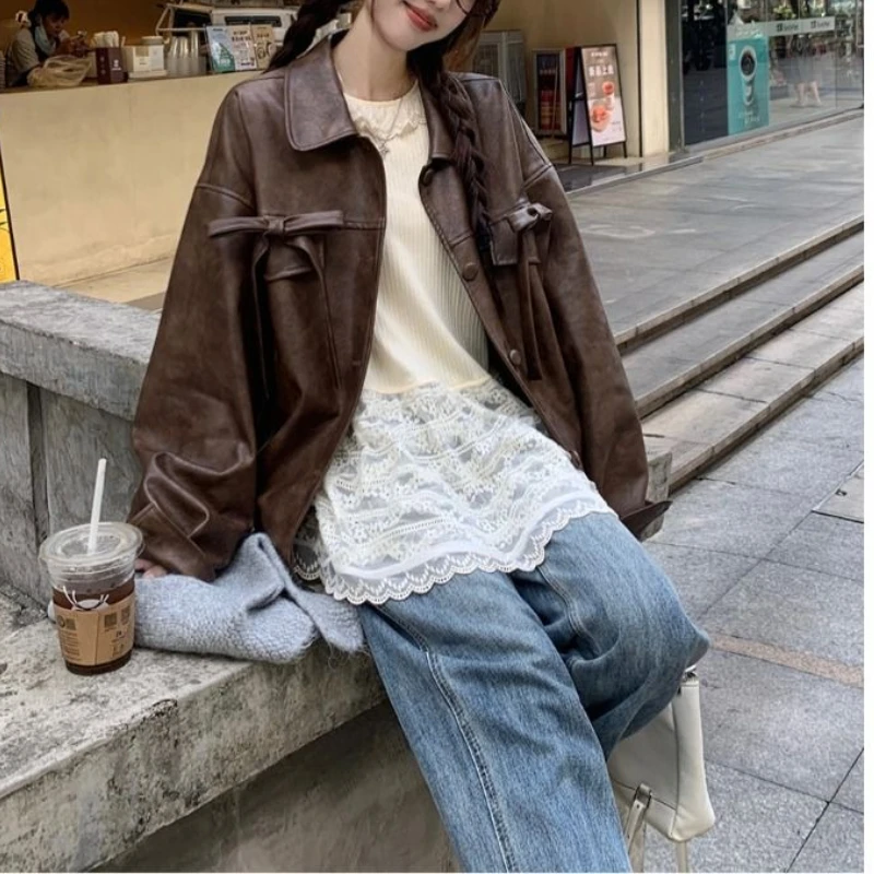 

American Retro Temperament High-end Leather Jacket for Women Spring and Autumn New Cool Hot Girl Versatile Motorcycle Jacket Top