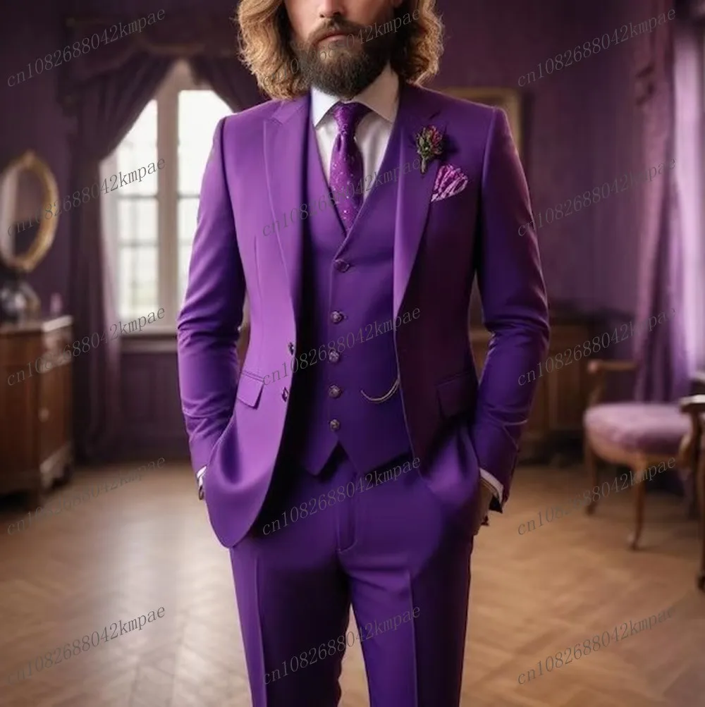 

Fashion Purple Formal Occasion Business Men Suit Groom Groomsman Wedding Party Prom Male Tuxedos 3 Piece Set Blazer Vest Pants