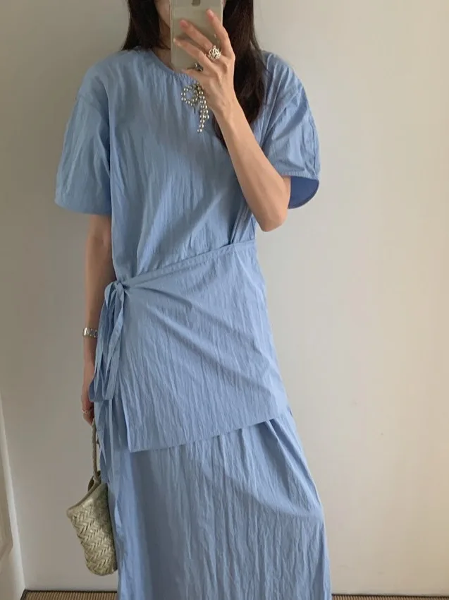 

Ele Summer ort Sve Dr Waist Cinched Side Slit Patchwork Design Slimming Effect Single Piece Pure Color Knitted Dr