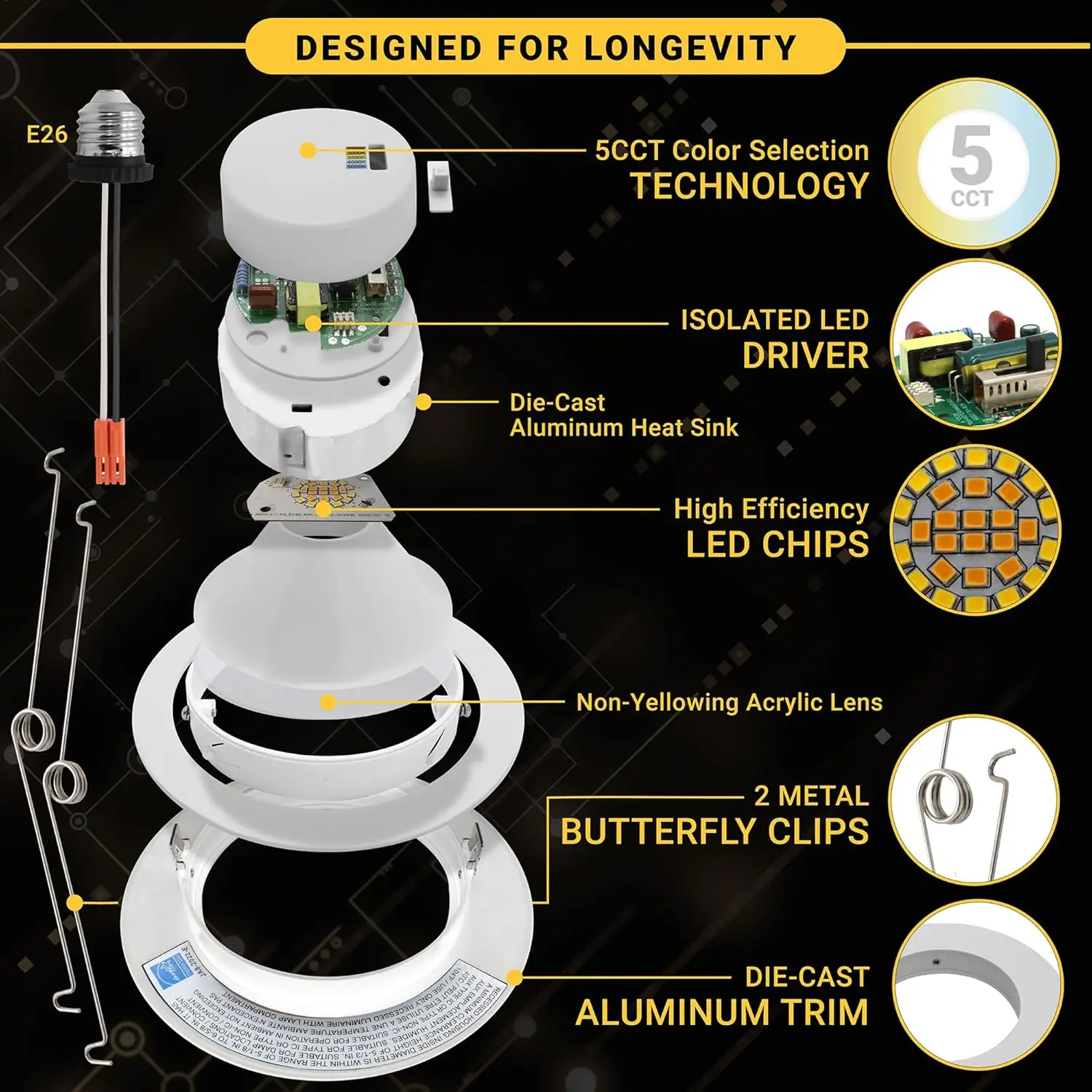 Downlight encastré LED à cardan à garniture blanche de 6 pouces, paquet de 12, lumens élevés