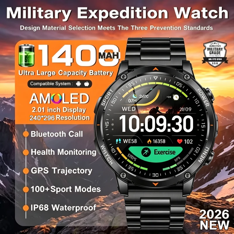 

2026 New 1400mAh GPS Smart Watch Sport Waterproof Compass Smartwatch Men NFC AMOLED HD Bluetooth Call LED flashlight Smartwatch