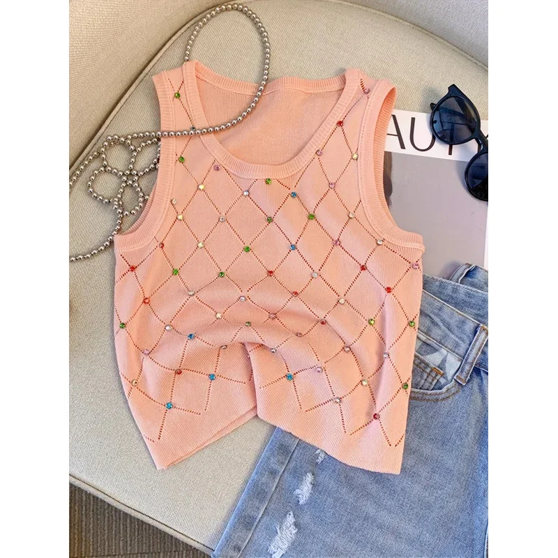 Colorful Rhinestone Knitted Tank Top Casual Crew Neck Sleeveless Tank Top For Summer Women\'s Clothing Crop Top Camis