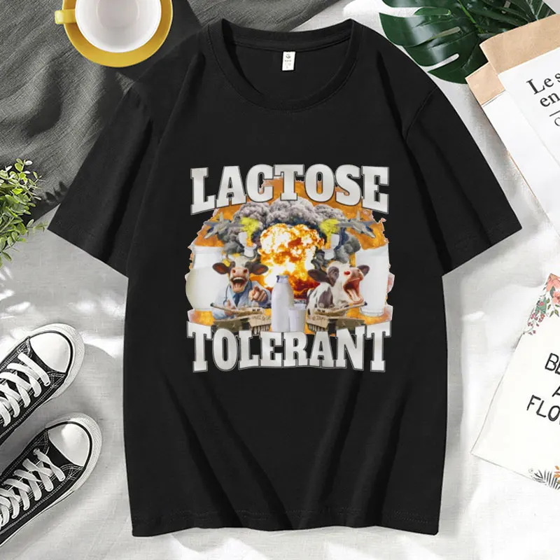 Harajuku Lactose Tolerant Meme Funny T-shirts for Men Women Fashion Popular Printed Tshirts Oversized Casual Soft Tees Tops