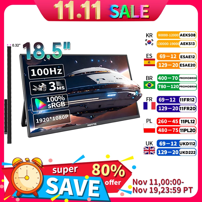

HGFRTEE Портативный монитор 18,5-дюймовый компьютерный игровой дисплей 100 Гц 100% sRGB FHD 1080P Экран для ноутбука Праздничный подарок ПК PS4/PS5