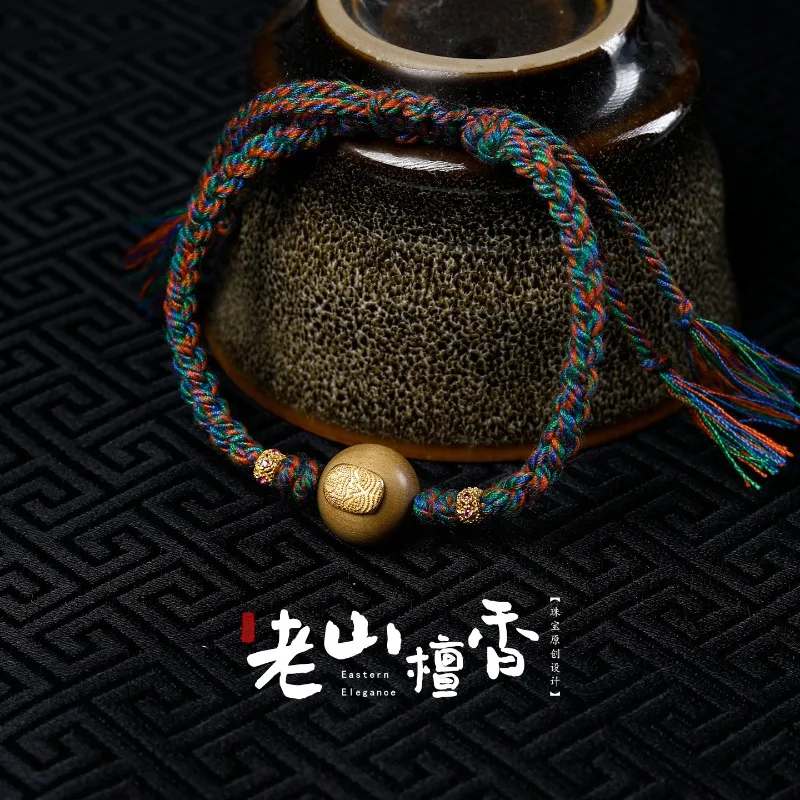 Chinese Style Luck Blessing Wealth Hand Braided Colorful Rope Natural Laoshan Sandalwood Bead Bracelet Unisex Zen Spiritual Pray
