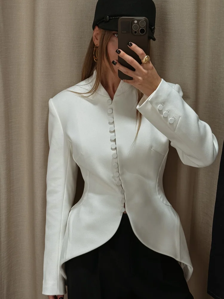 Fashion Women Blazer Coat Stand Collar Single Breasted Irregular Hem Female Jacket Solid Lady Office Top Spring 2026 Commute