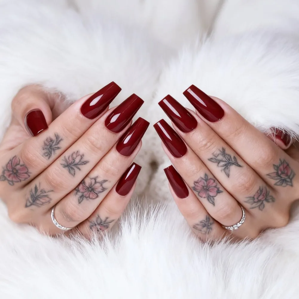 48Pcs Shiny Long Ballerina Coffin Fake Nails With Glue Dark Brown Artificial Press On False Nails For Woman Manicure Tool