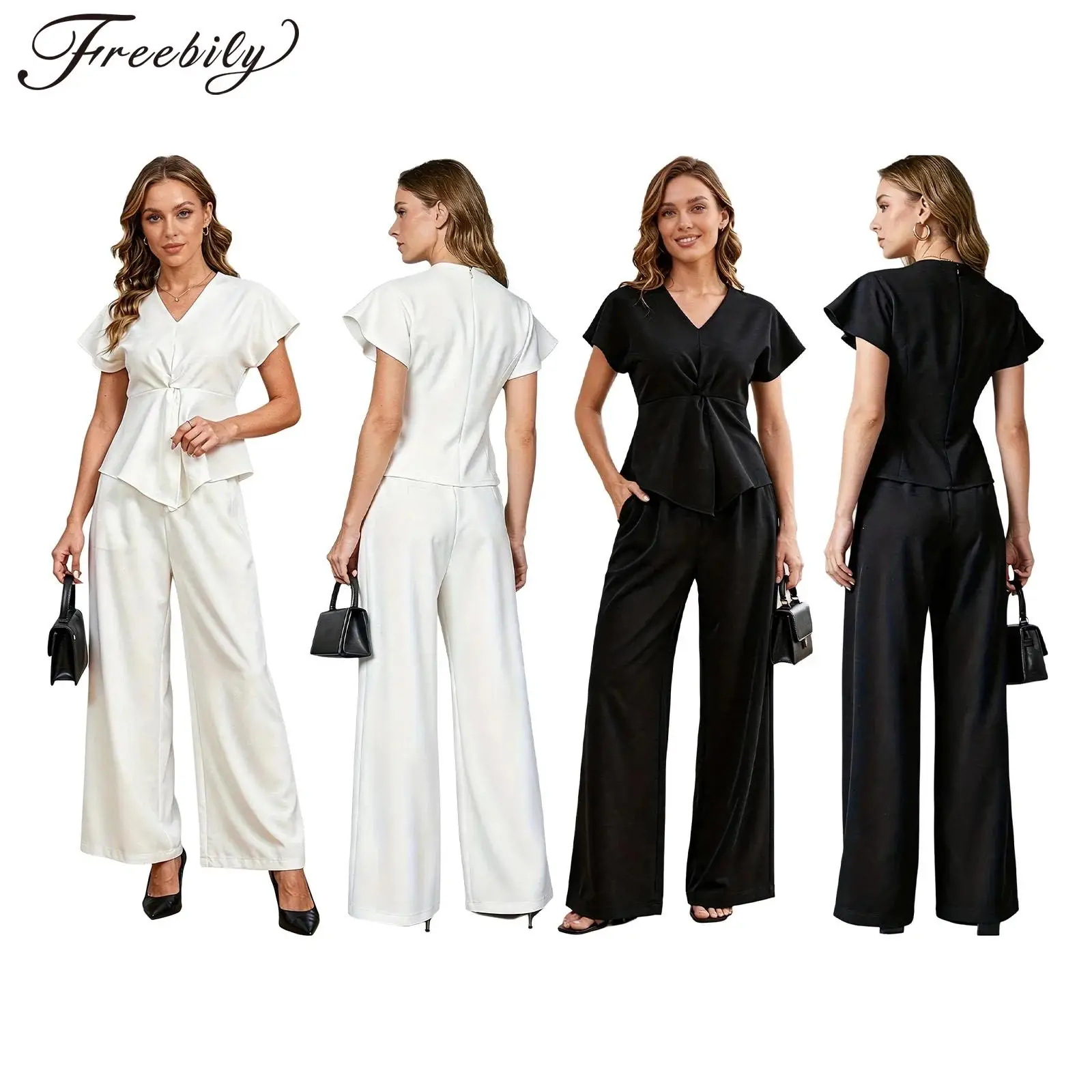 Women Short Sleeve Outfits Commute Pants Set Casual Outfit Split Peplum Blouse Top + Wide Leg for Office Lady Trousers Sets