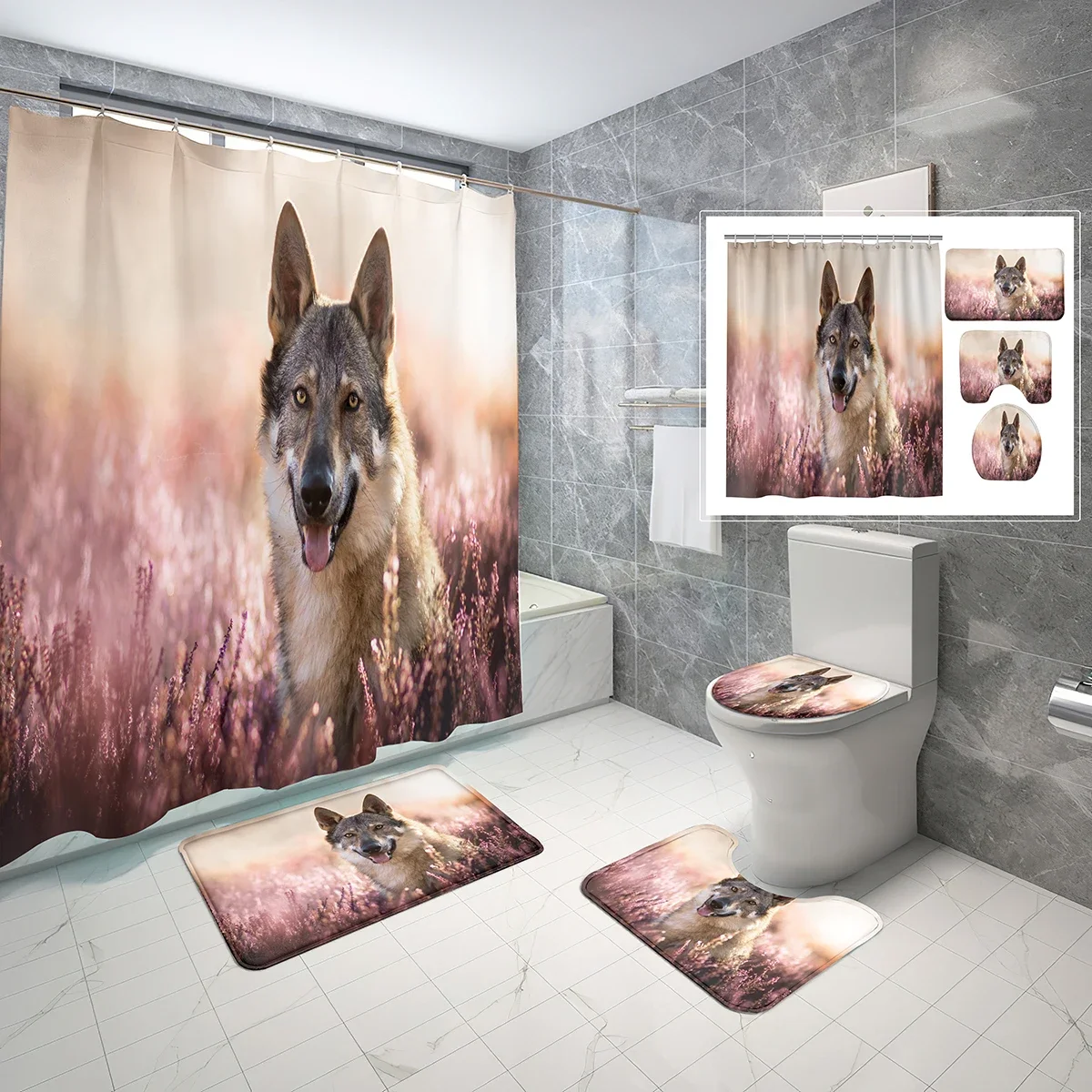 

4 Piece Wolf Shower Curtain Sets Wildlife Nature Scenery with Non-Slip Rugs Toilet Lid Cover and Waterproof Shower Curtain Set