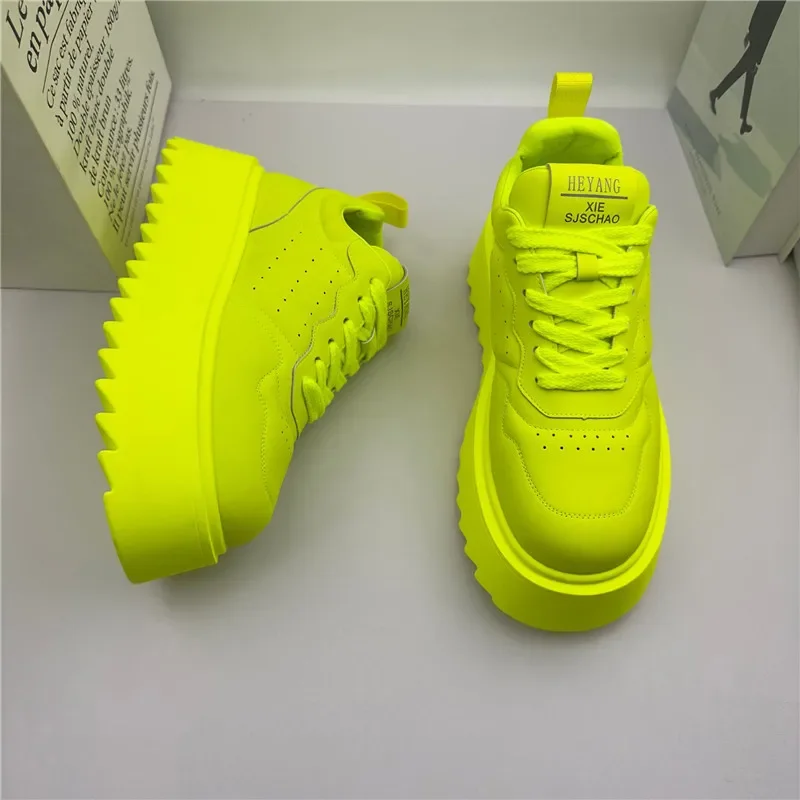 Designer Men's Fluorescent Green All Match Lace Up Thick-soled Causal Shoes Male Brand Fashion Flats Moccasins Walking Sneakers