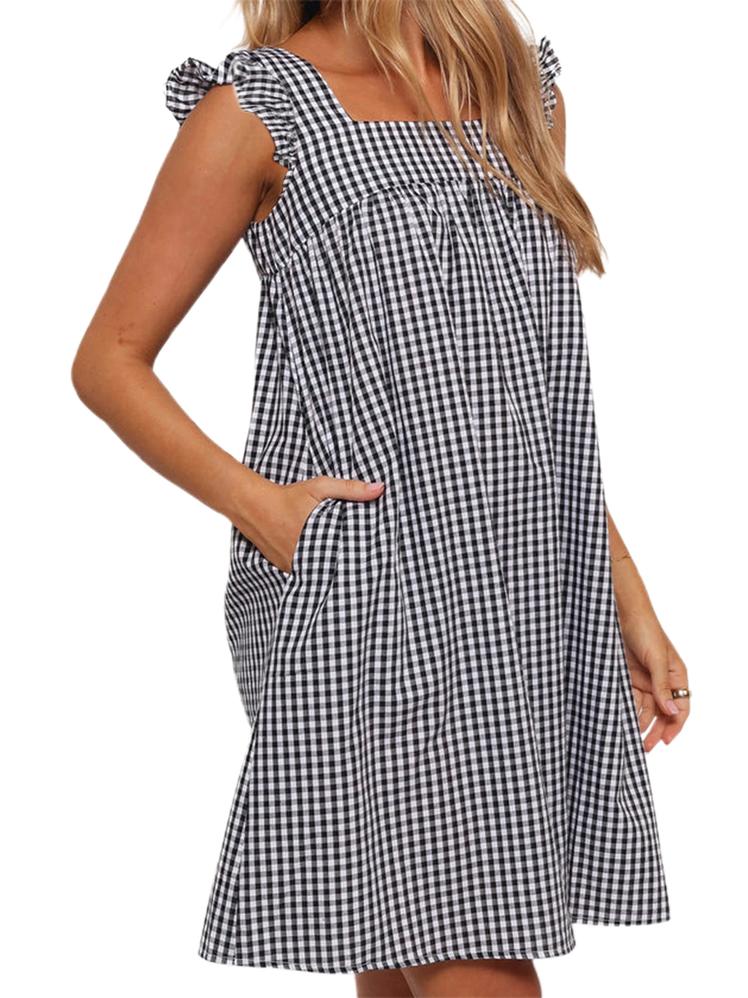 

Женское клетчатое платье без рукавов с квадратным вырезом и рюшами. Свободное повседневное мини-платье с карманами для летней одежды.