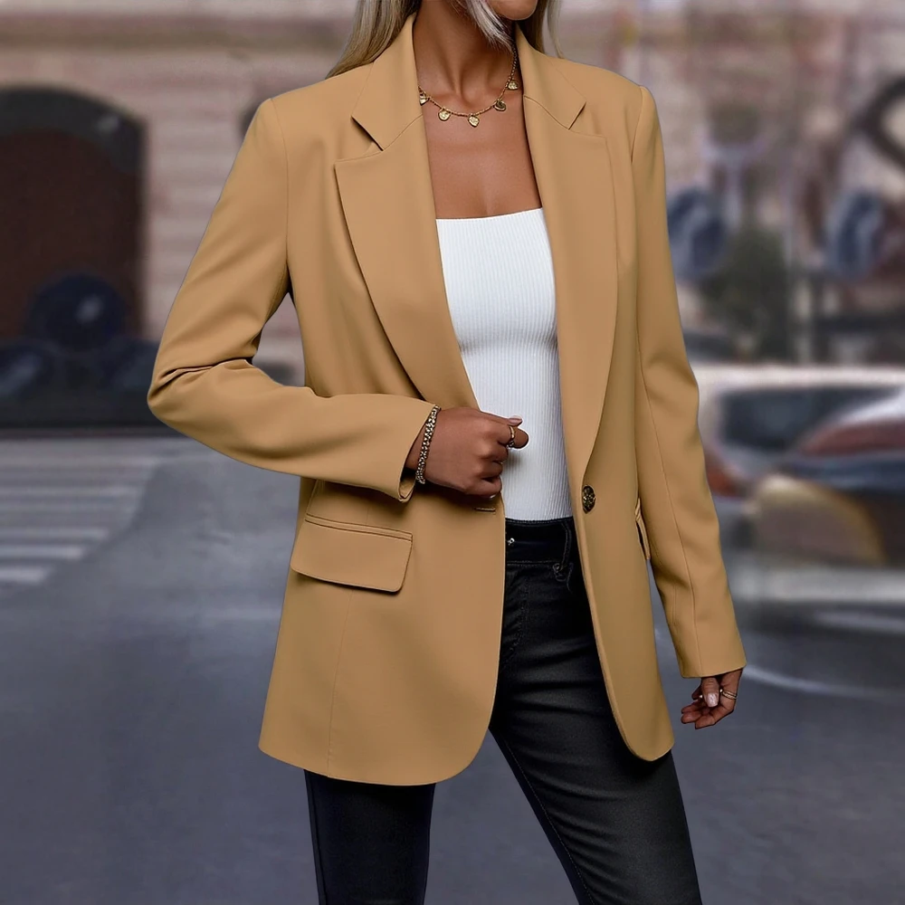

Осень-зима 2025: официальные блейзеры, женский элегантный однотонный пиджак с длинными рукавами и зубчатыми лацканами на одной пуговице с карманами