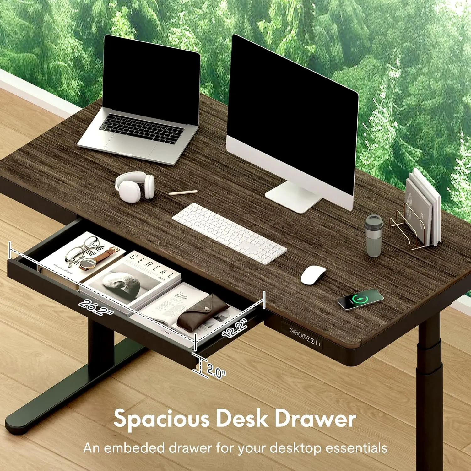 Bamboo Standing Desk, Dual Motor 3 Stages Adjustable Height Electric Computer Workstation Wireless Charging, Drawer