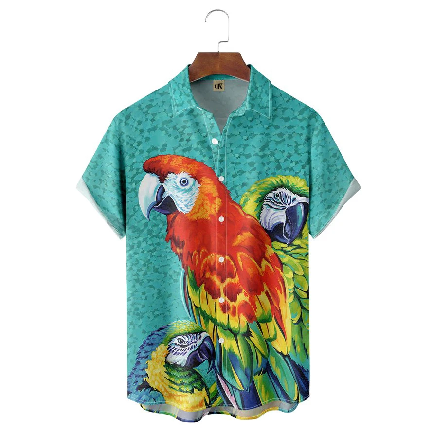 2024 new men's 3d printed guitar bird parrot colorful button Hawaiian shirt men's fashion casual lapel single breasted shirt