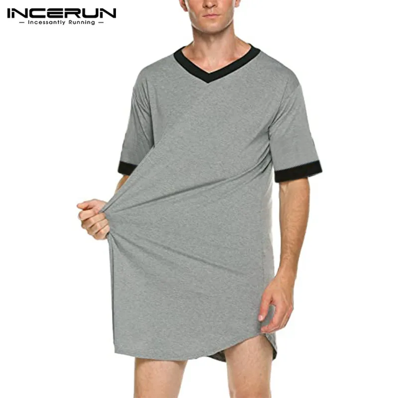 INCERUN New Men\'s Nightgown Fashion Patchwork Sleep Robe Solid Sleepwear Short Sleeve Bathrobe Loose V Neck Nightwear S-5XL 2024