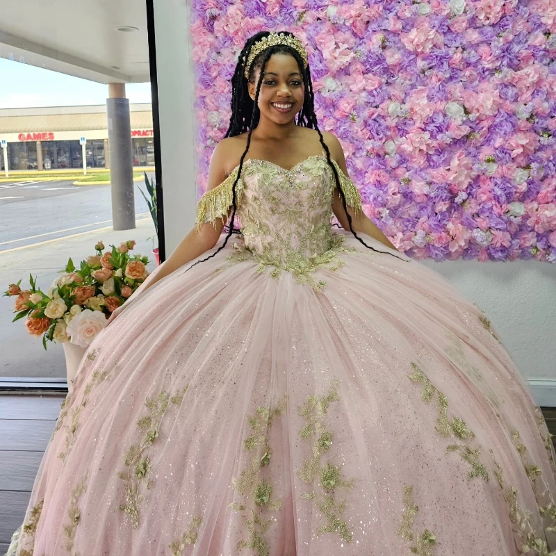 

Pink Gillter Quinceanera Dresses Off the Shoulder Gold Bow Beads Tulle Lace Up Appliques Ball Gown Birthday Party Dress Vestidos