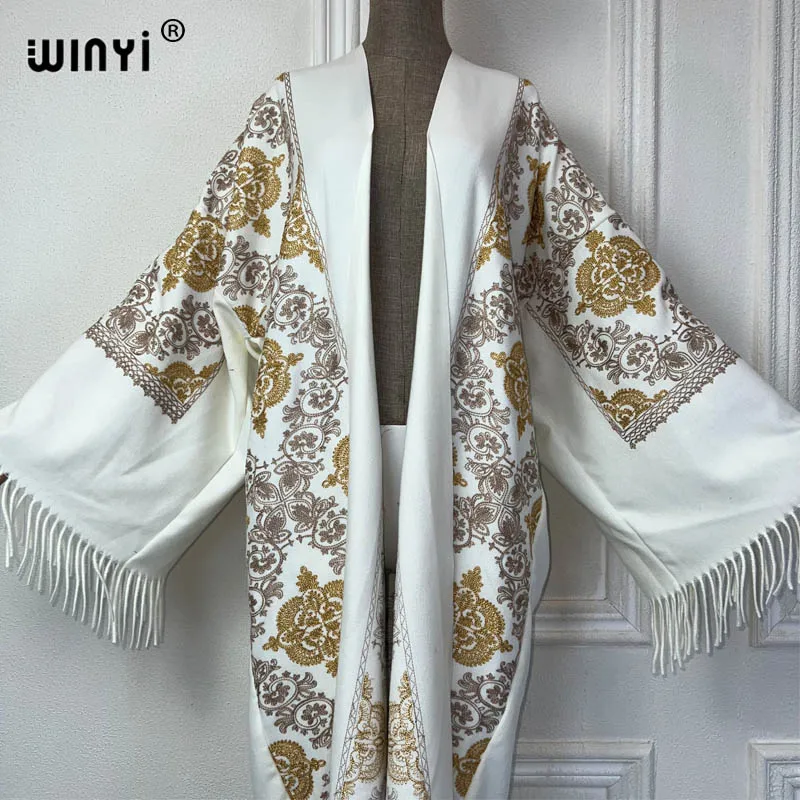 2024 WINYI autumn KIMONO Winter Women tassel Embroidery Long Coat Lapel OverCoat Thick Warm free size Middle East Female abaya